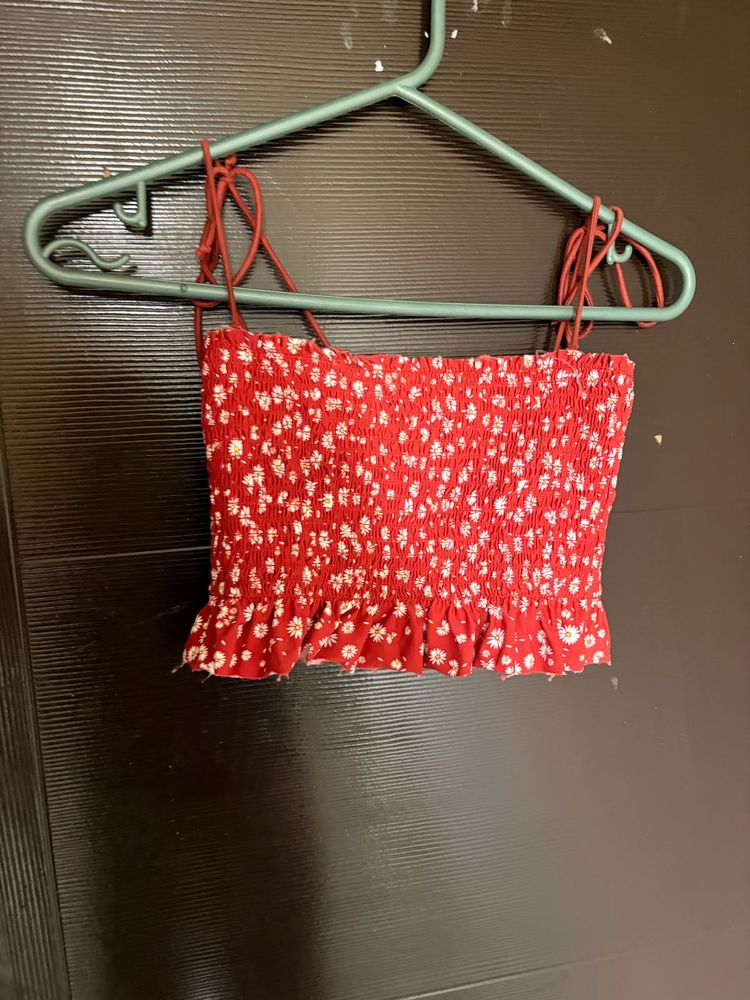 Red Floral Smocked Crop Top