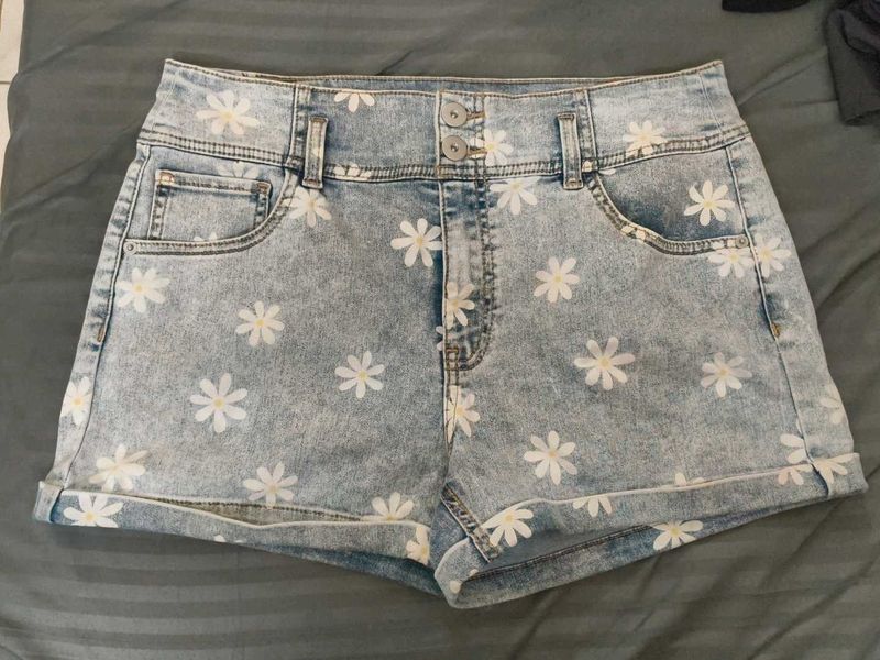 Daisy Print Denim Shorts