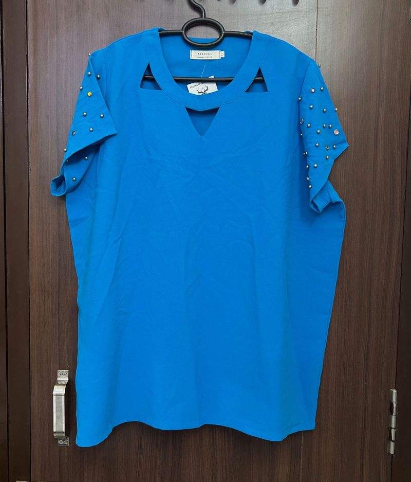 KOREAN Stylish Blue Embellished Cut-Out Top