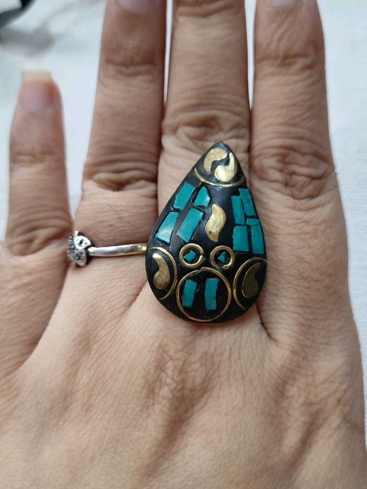 Boho Laq Teardrop Turquoise &amp; Gold Ring