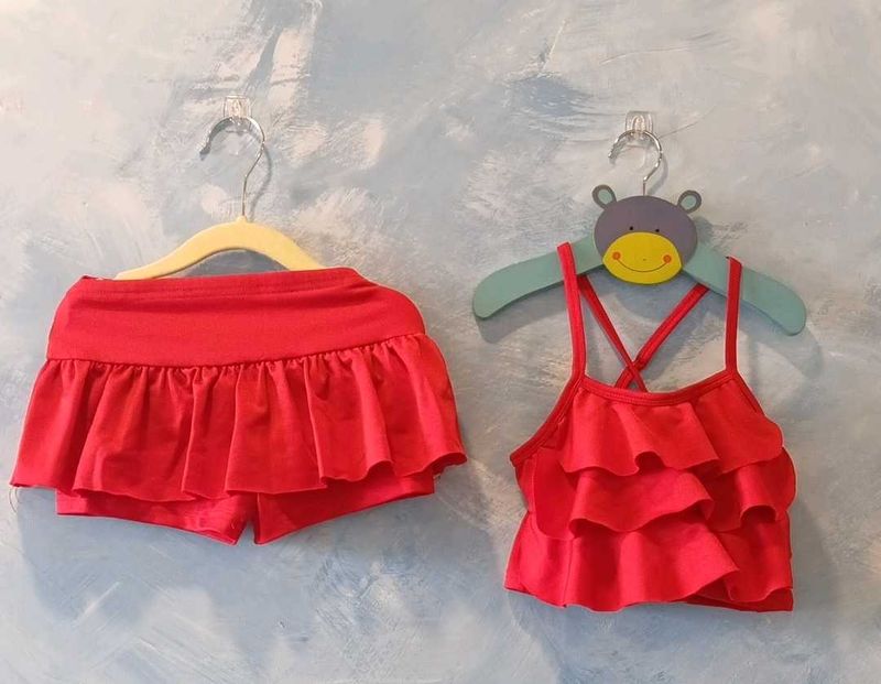 Kids Red Ruffled Swimsuit-(6-8yrs)