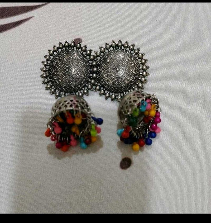 Boho Jhumka Earrings with Colorful Beads