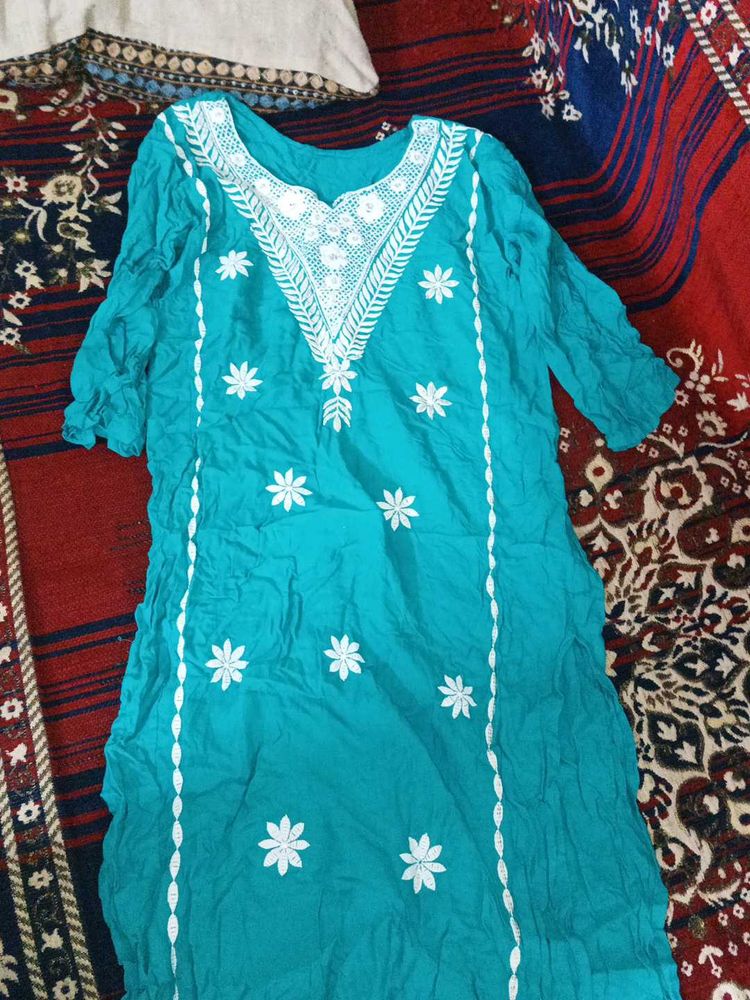 Teal Kurta with White Embroidery