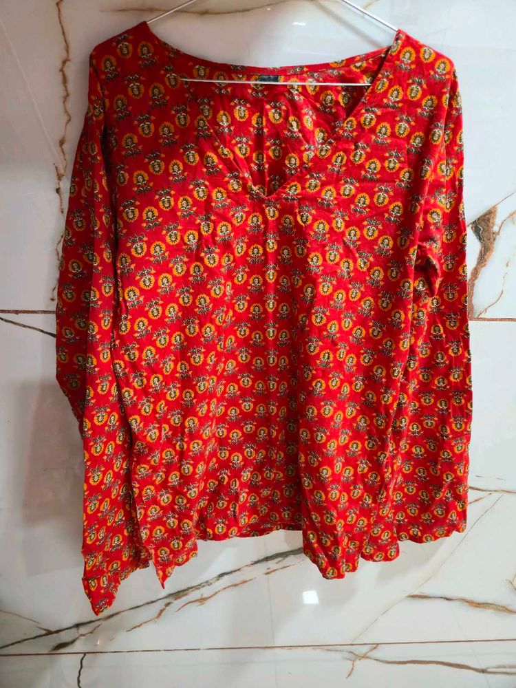 Vibrant Red Block Print Kurta