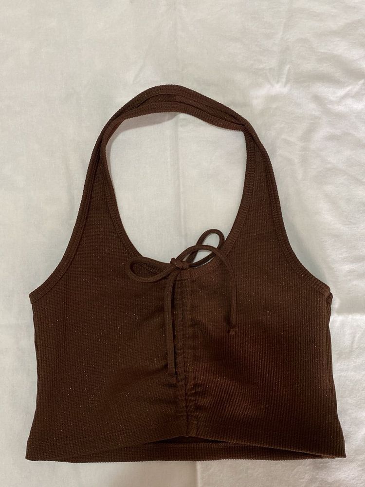 Brown Ribbed Halter Neck Crop Top