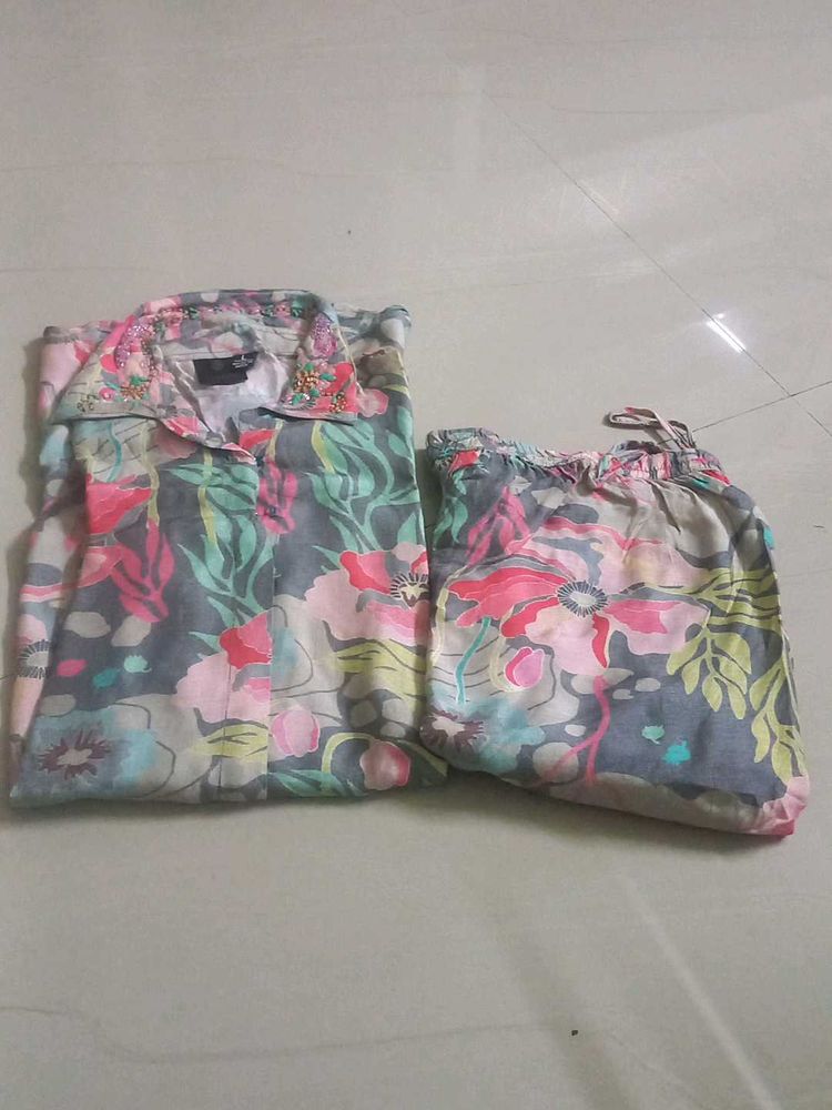 Floral co ord set with Embellished Collar