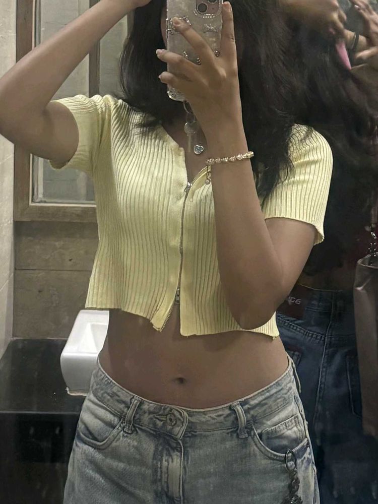 Yellow Cropped Zip-Up Top