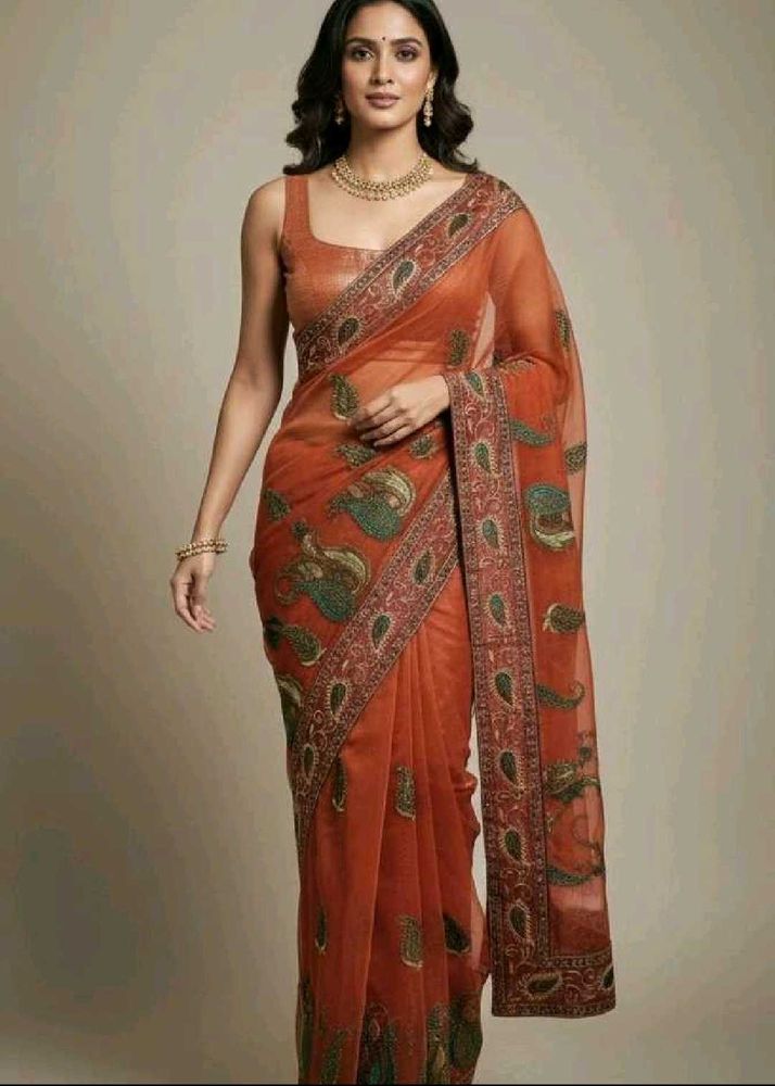 Elegant Embroidered Orange Saree