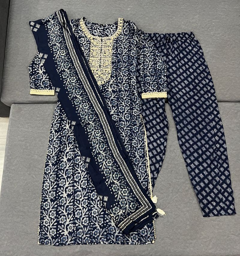 Navy Blue Printed Kurta Set with Dupatta