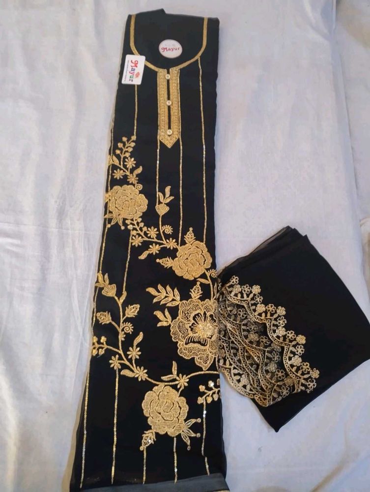 Elegant Black unstitched Suit with Golden Embroid