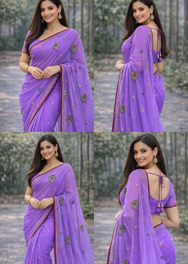 Elegant Embroidered Purple Saree