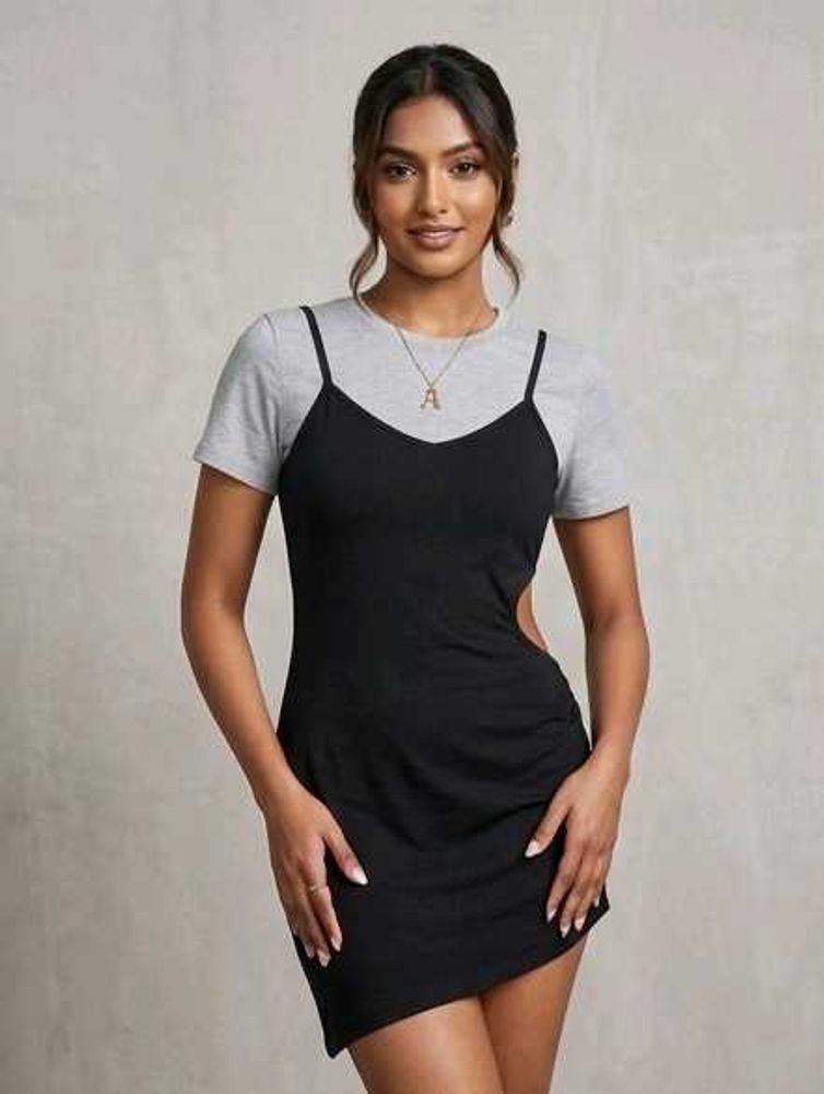 Chic Black Slip Dress with Grey Tee Layer