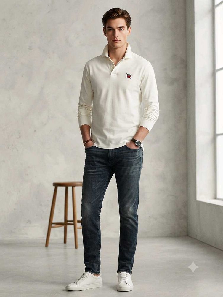 Men's Cream Long Sleeve Polo Shirt