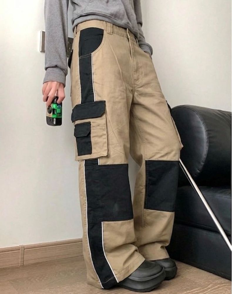 Block Pattern Beige Cargo Pants Brand New