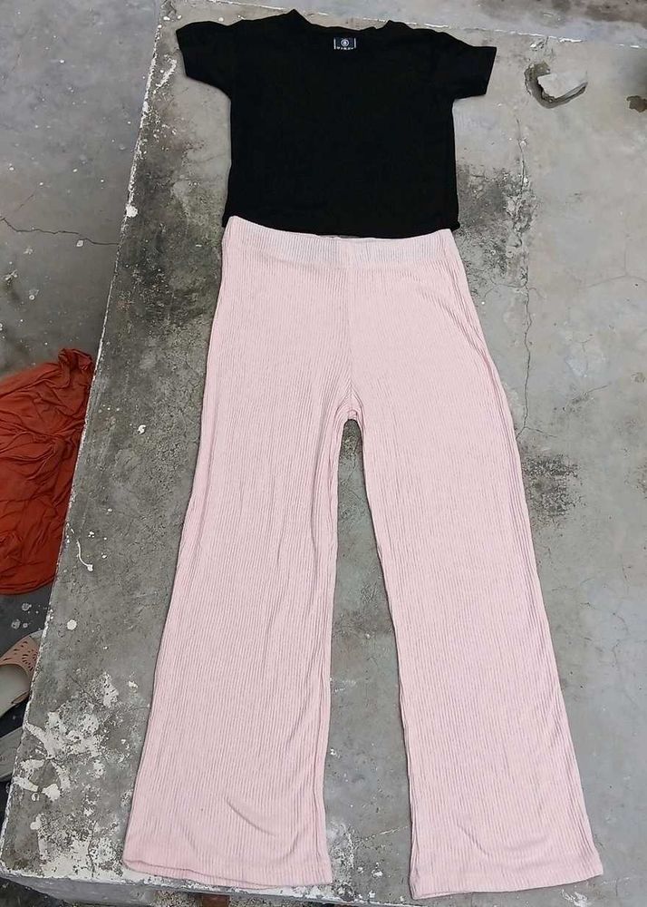 Comfortable Pink Wide-Leg Pants with black crop to