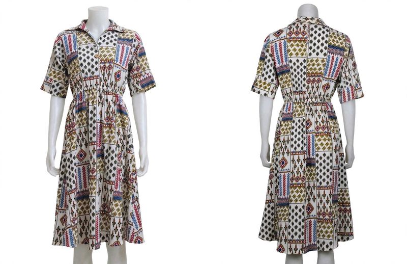*White Printed Cotton Collar Long Dress For Women*