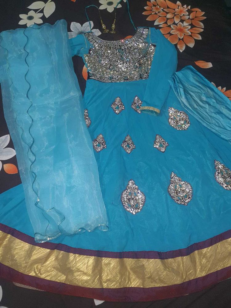 Stunning Blue Anarkali Suit with Intricate Embelli