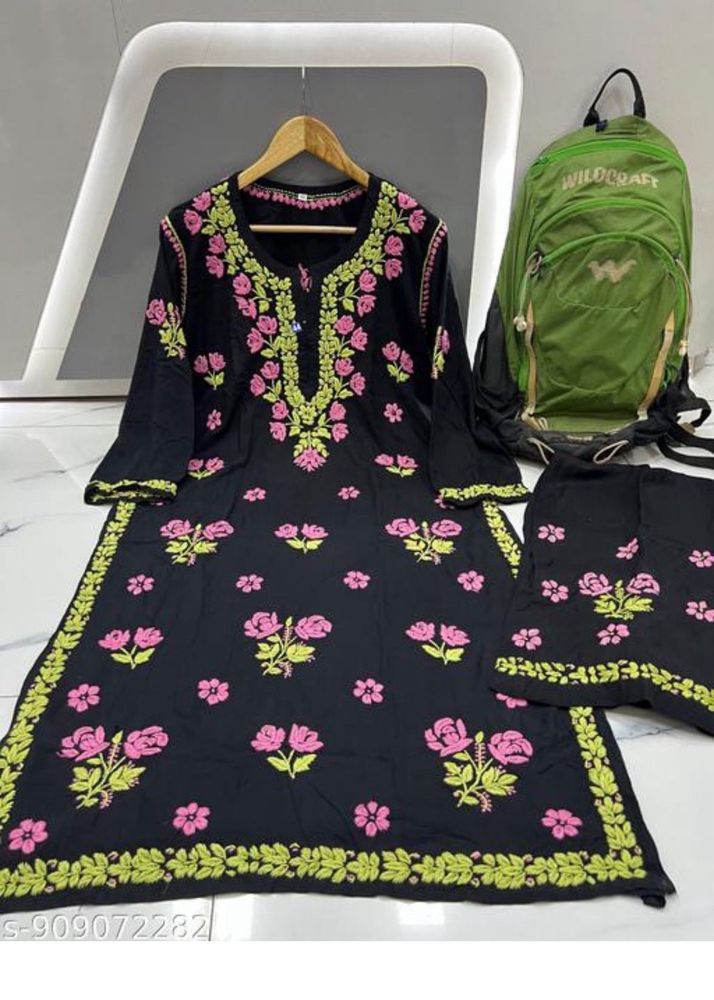 Black Kurta Set with Pink Floral Embroidery