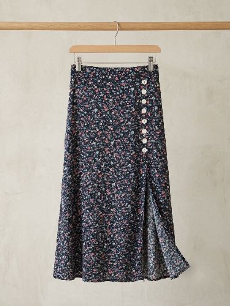 Floral Print Midi Skirt with Button Detail