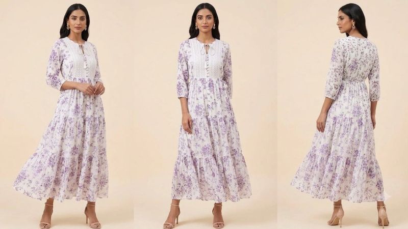 Boho-Chic White &amp; Purple Floral Tiered Long Maxi D