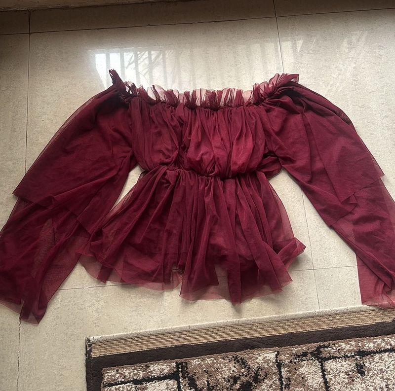 Maroon Off-Shoulder Tulle Top