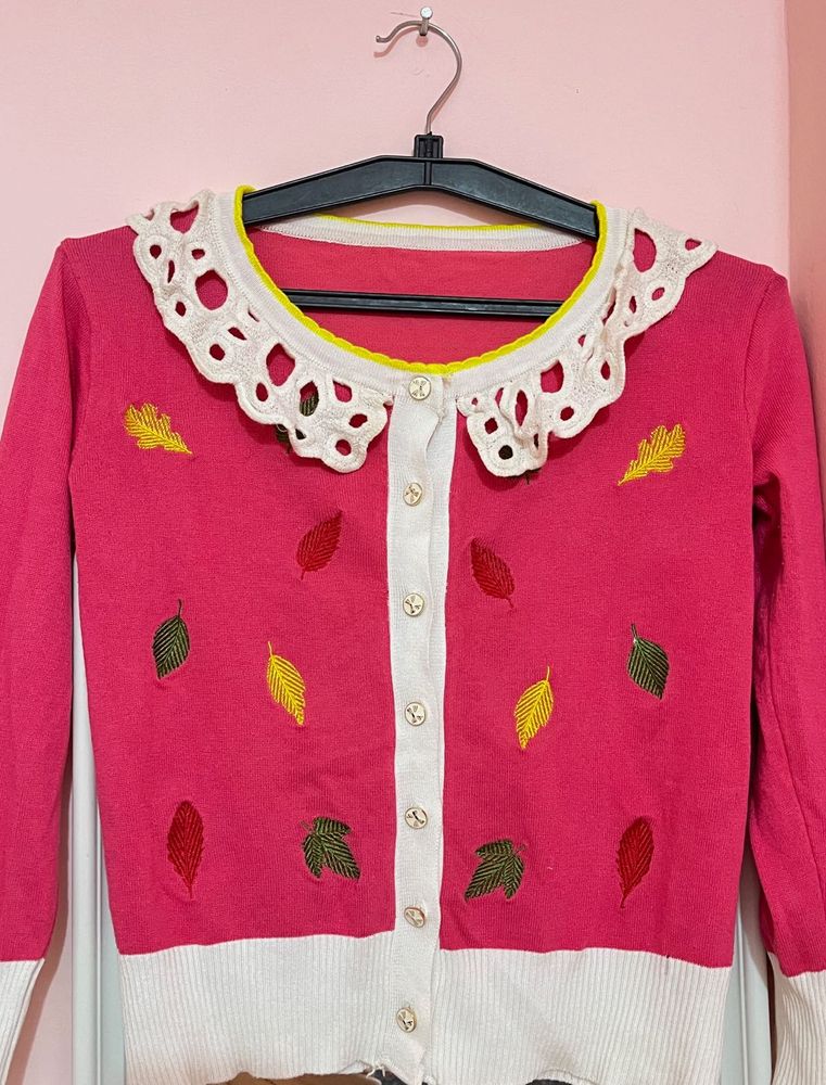 Cute Pink Leaf Cardigan