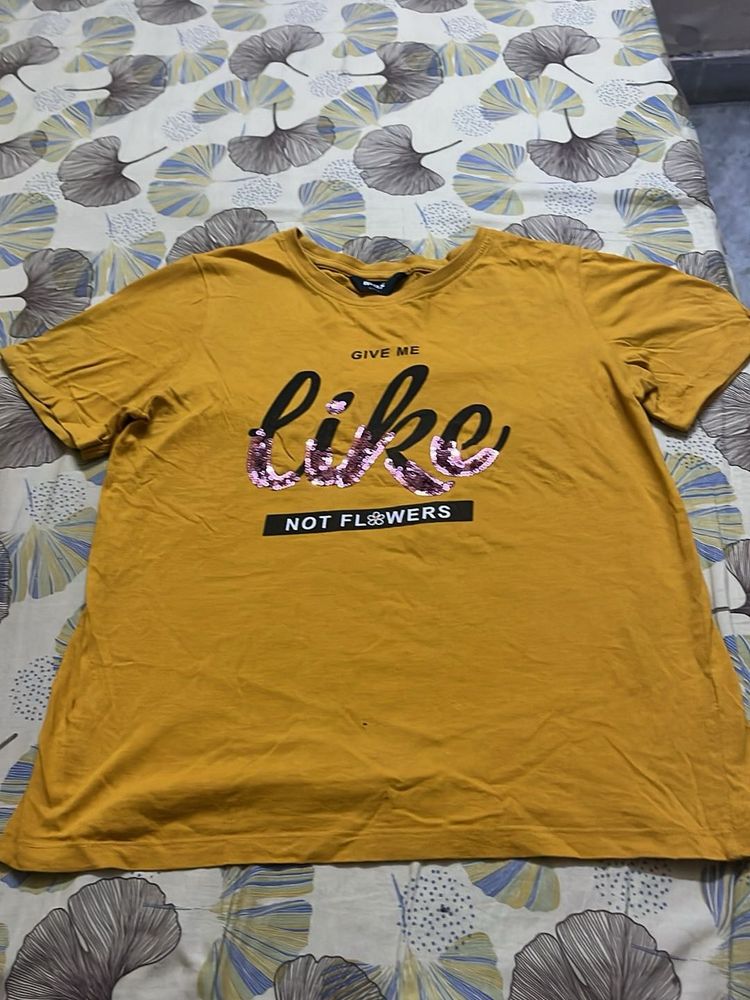 Mustard Yellow Sequin "Like" T-Shirt