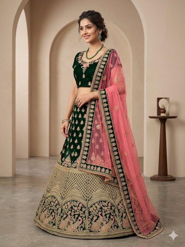 Elegant Green Velvet Lehenga Choli with Pink Dupat