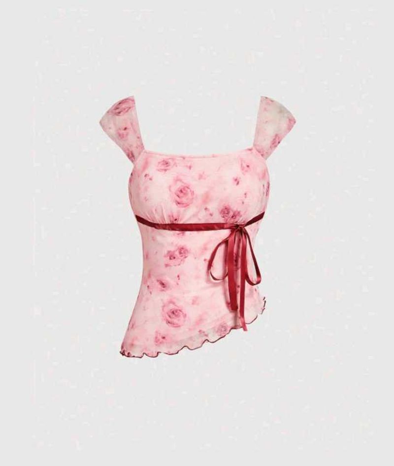 Pink Floral Mesh Top with Ribbon Detail