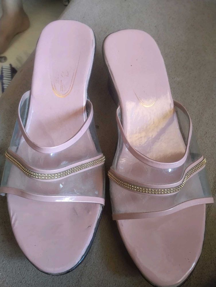 Pink Wedge Sandals with Rhinestone Detail