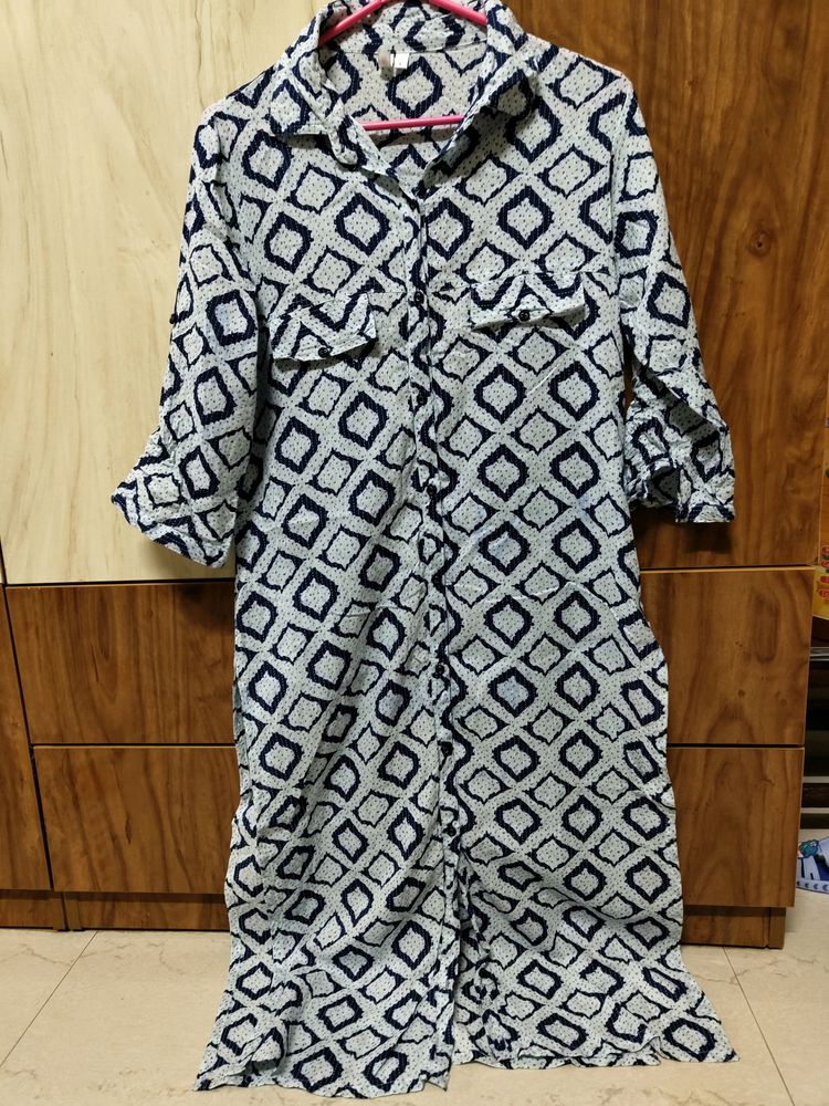 White With Blue ikat print Long Kurti