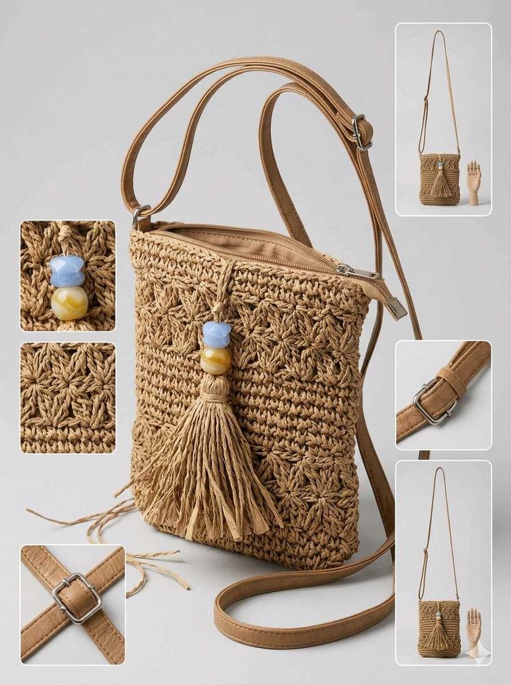 Boho Straw Crossbody Bag with Tassel
