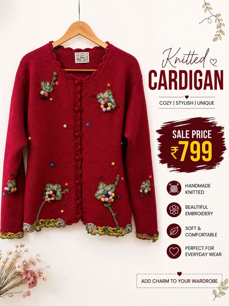Red Knitted Cardigan with Embroidery