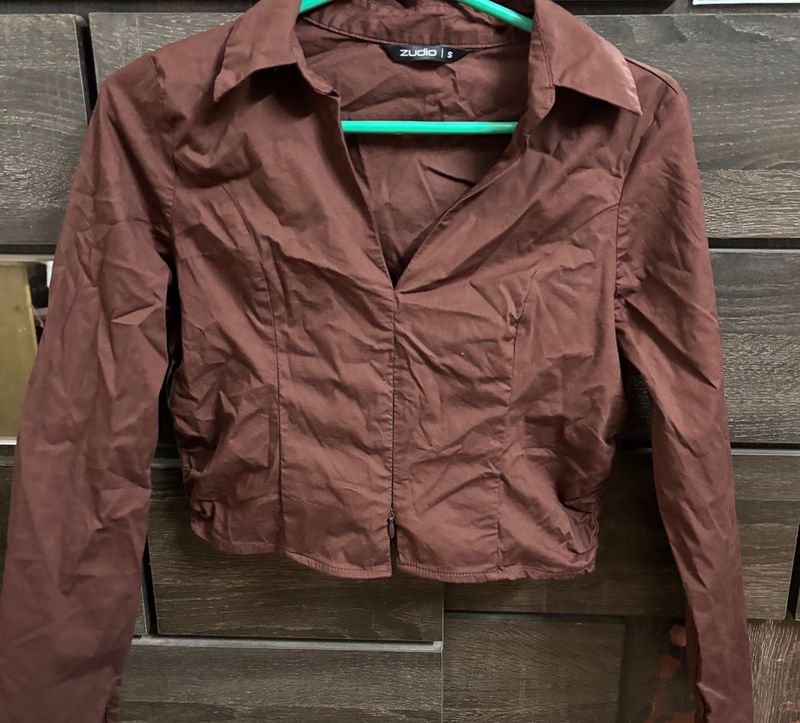 Brown Collared Long Sleeve Cropped Top