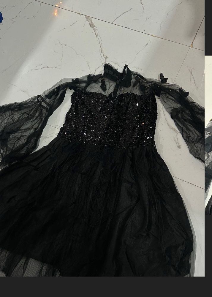 Black Sequin Butterfly Net FrockDress