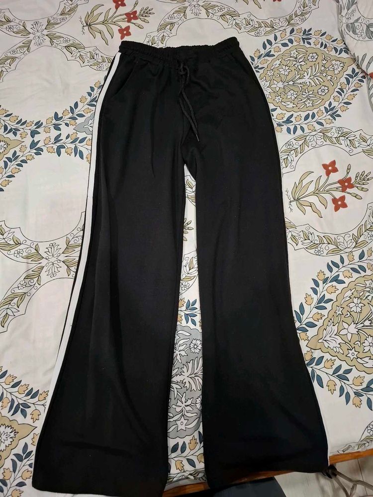 Black Wide Leg Track Pants with White Stripes