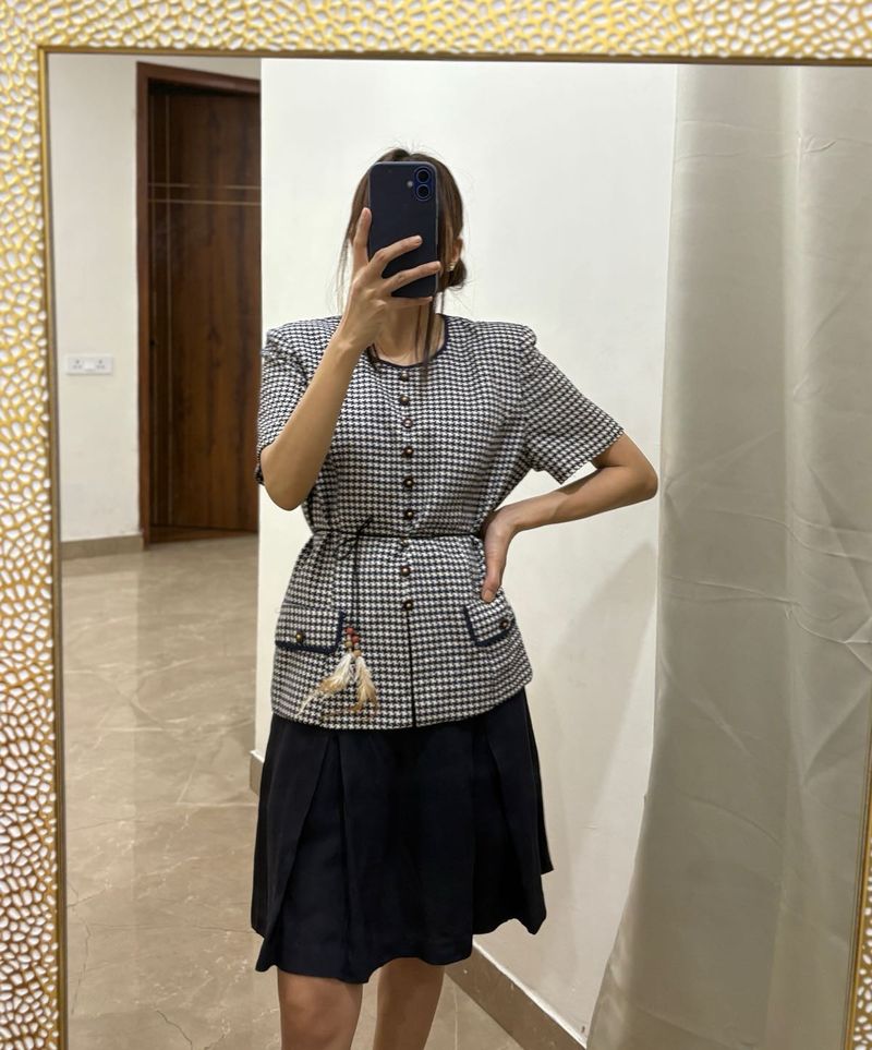 Navy Blue &amp; White houndstooth Pleat Dress