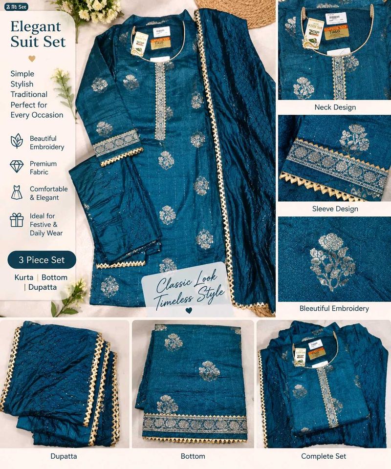✨ Beautiful Teal Blue Unstitched 3-Piece Suit Mate