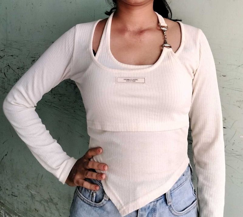 Cream Ribbed Long Sleeve Top