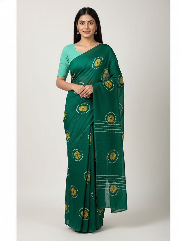 Emerald Green Bandhani Saree with Yellow Motifs