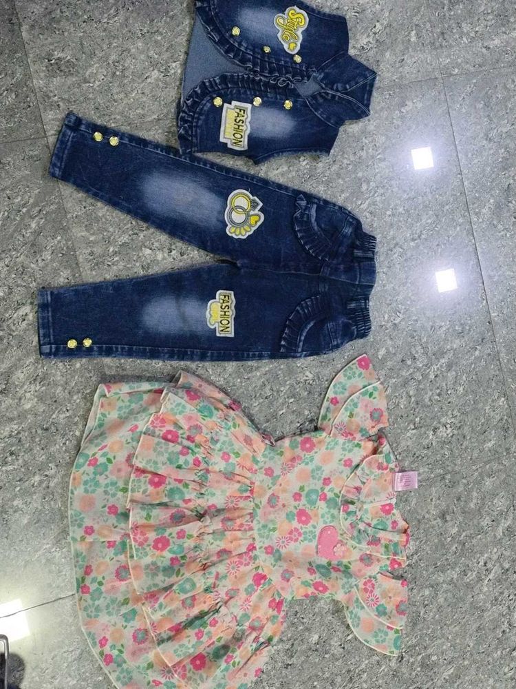 cute denim set &amp;floral soft georgette frock