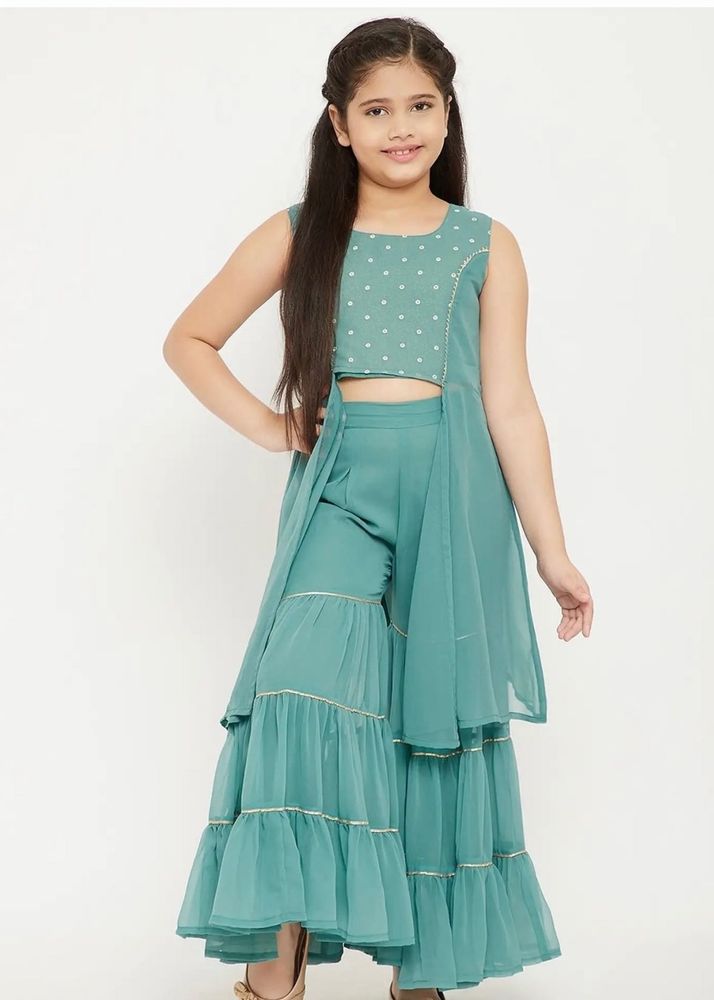 Teal Sharara Set with Crop Top
