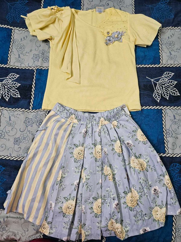 Cute Yellow Top &amp; Floral Skirt Set