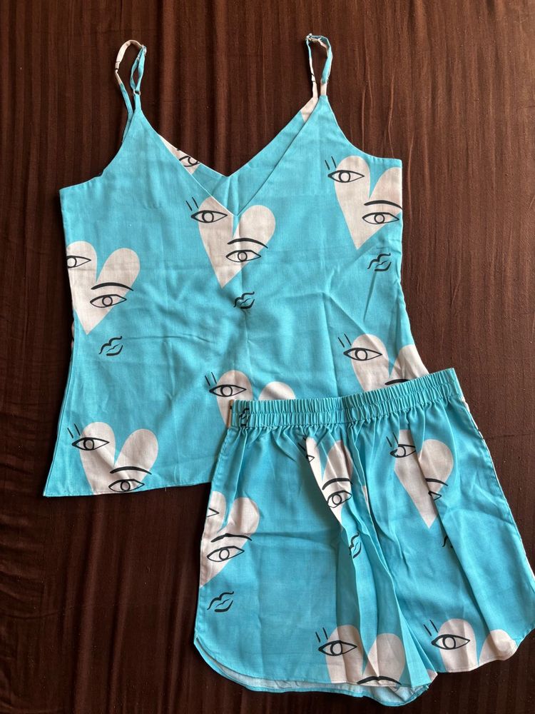 Cute Blue Heart Print Pajama Set