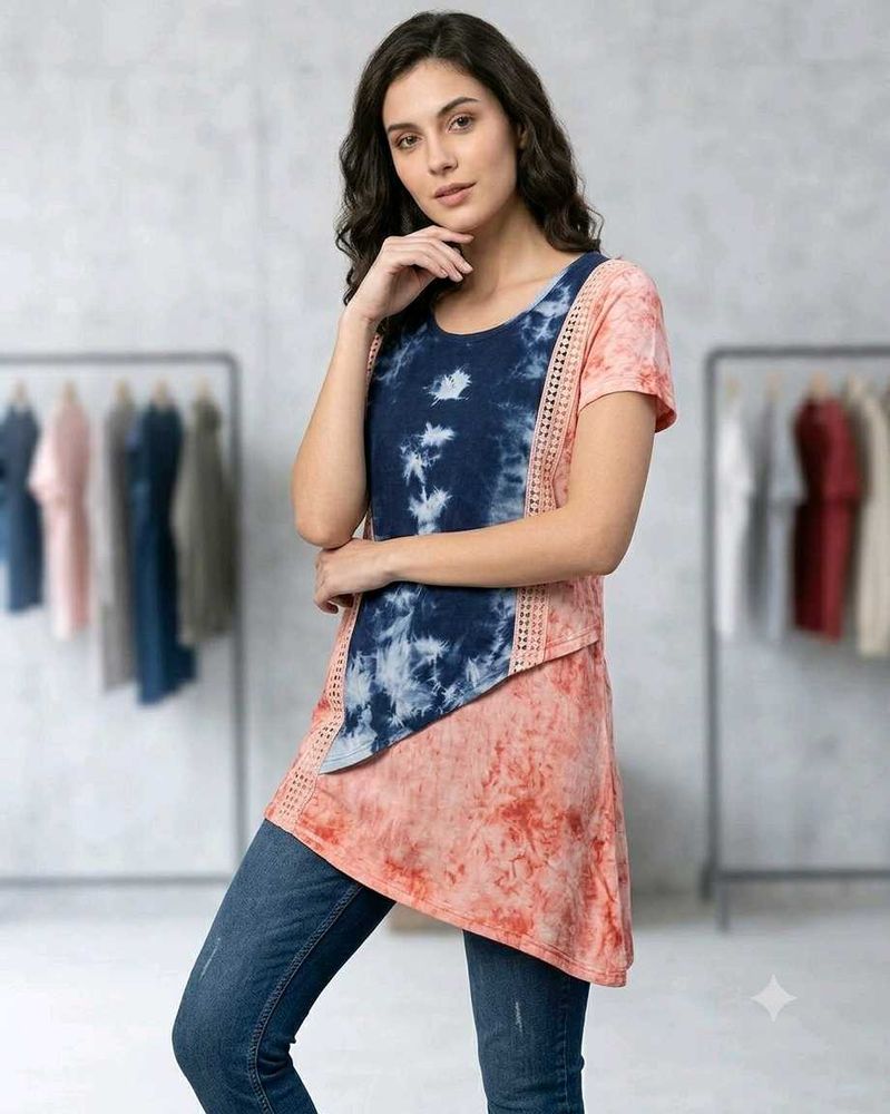 Stylish Tie-Dye Tunic Top with Lace Trim