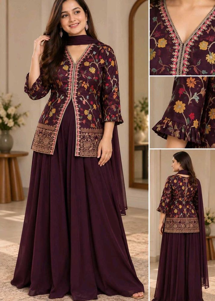 Padded Wine Rich brocade Jacket Style skirt set