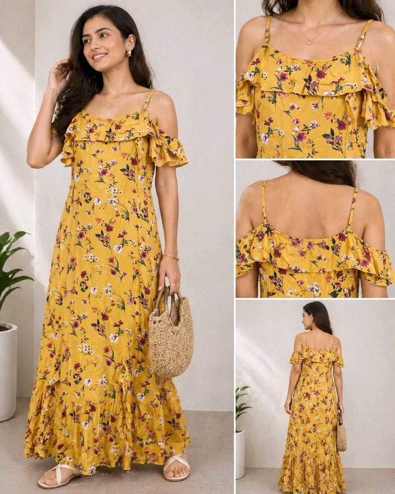Yellow Floral Cold Shoulder Maxi Dress