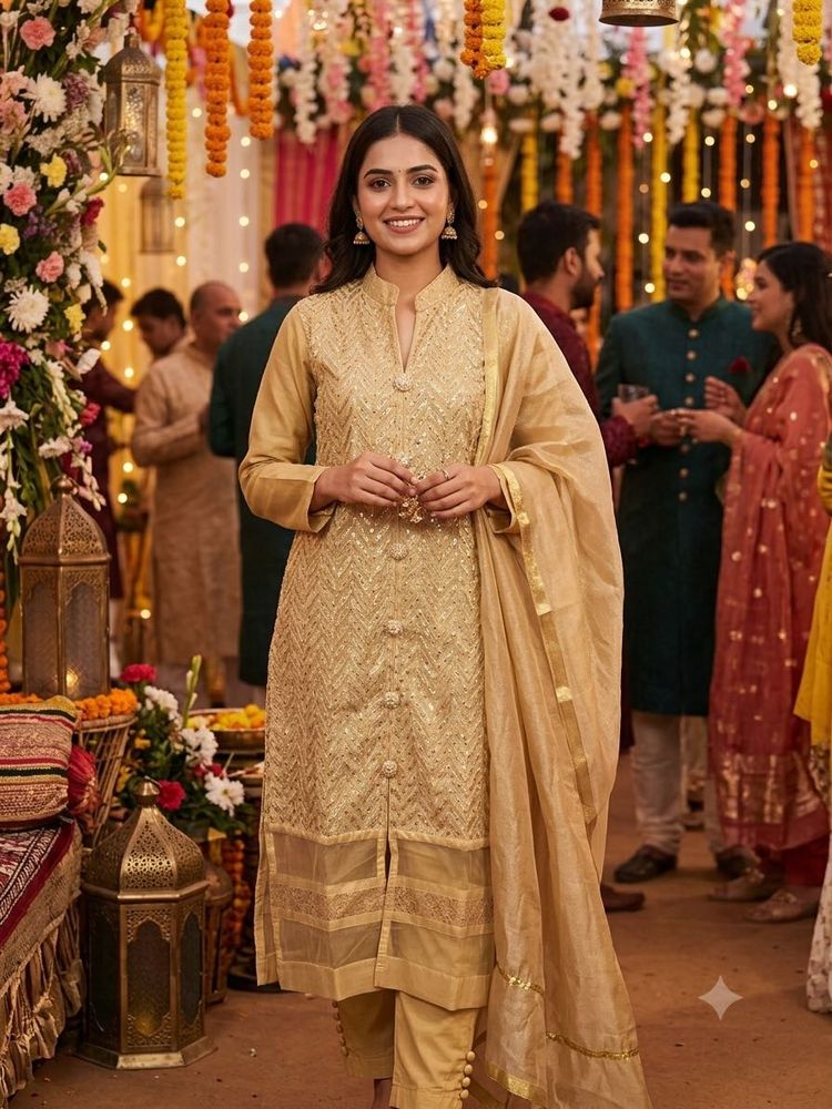 Elegant Gold Embellished Kurta Set
