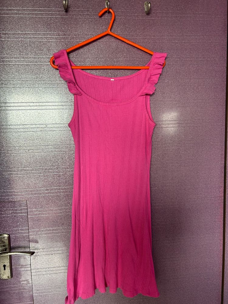 Vibrant Pink Ribbed Ruffle Dress