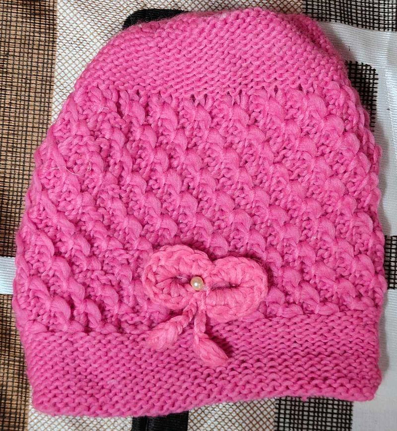 Pink Knitted Winter Cap with Bow